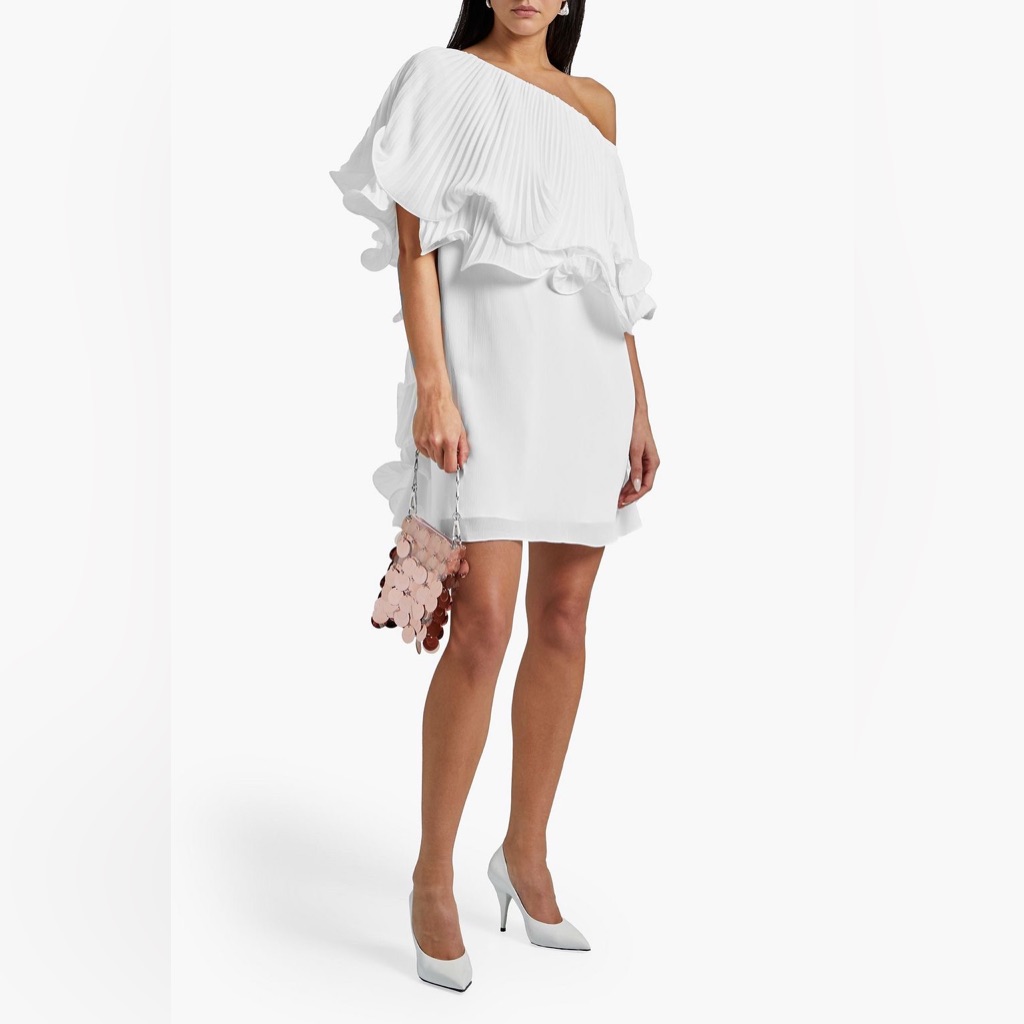 Badgley Mischka One-Shoulder Ruffled Pliss-Crepon Mini Dress